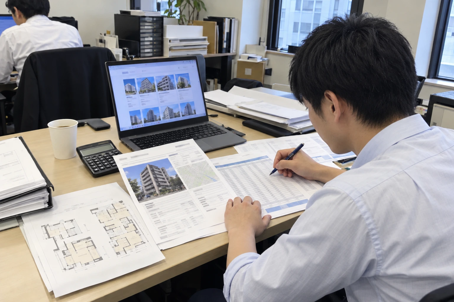 職場の席で、匿名の案件概要とレントロールを見比べて案件を検討する若手の会員
